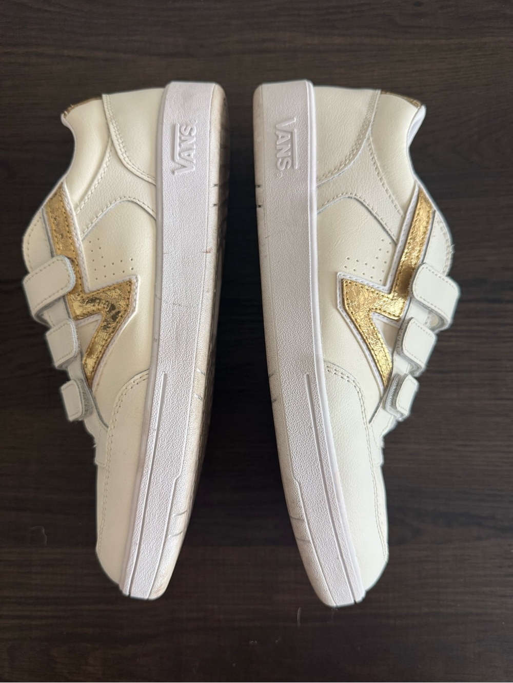 Vans White Sneakers with Gold Accents Velcro Straps